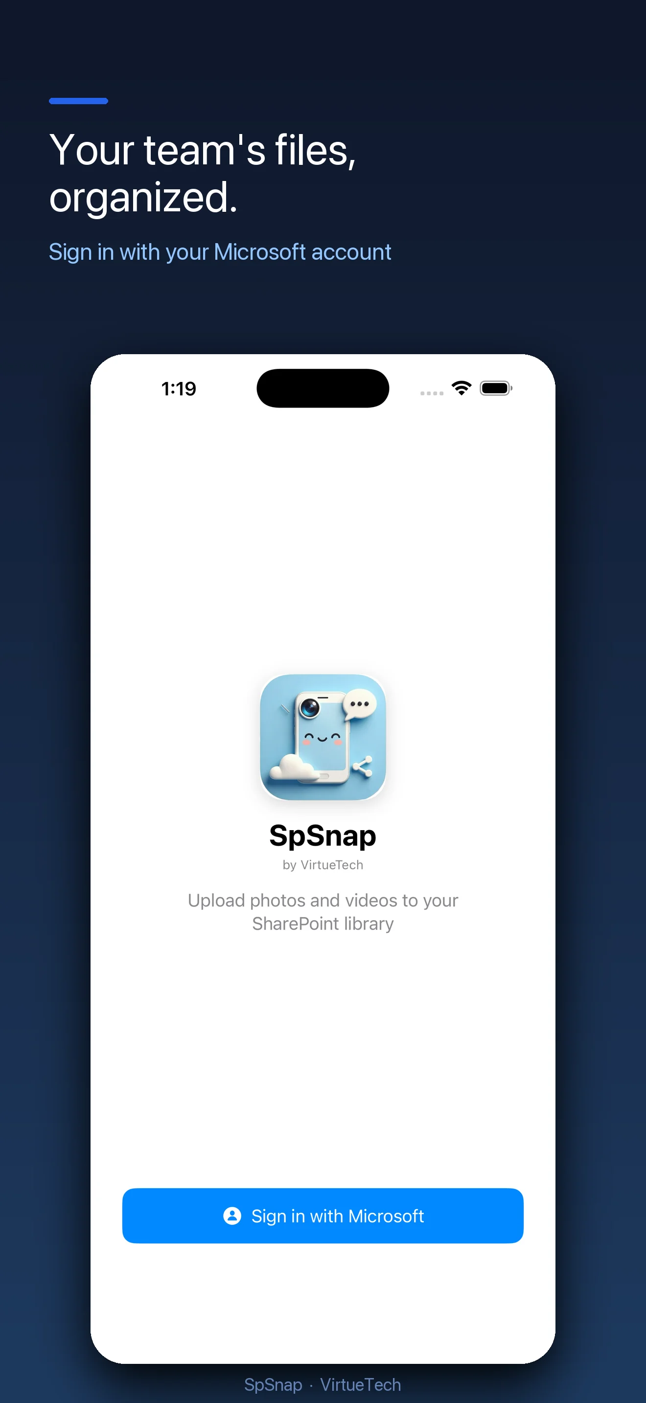 SpSnap sign-in screen showing Microsoft 365 login