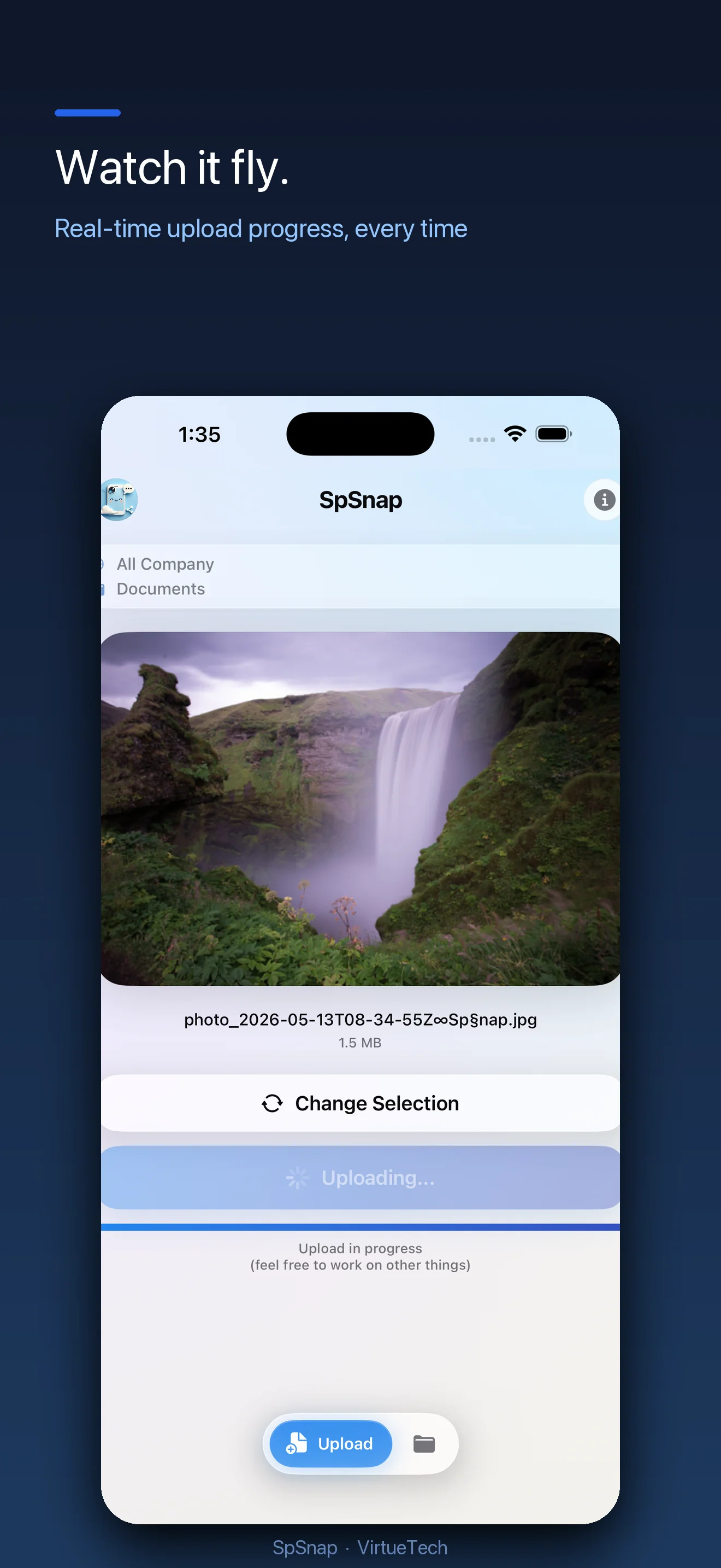 SpSnap upload progress screen with progress bar