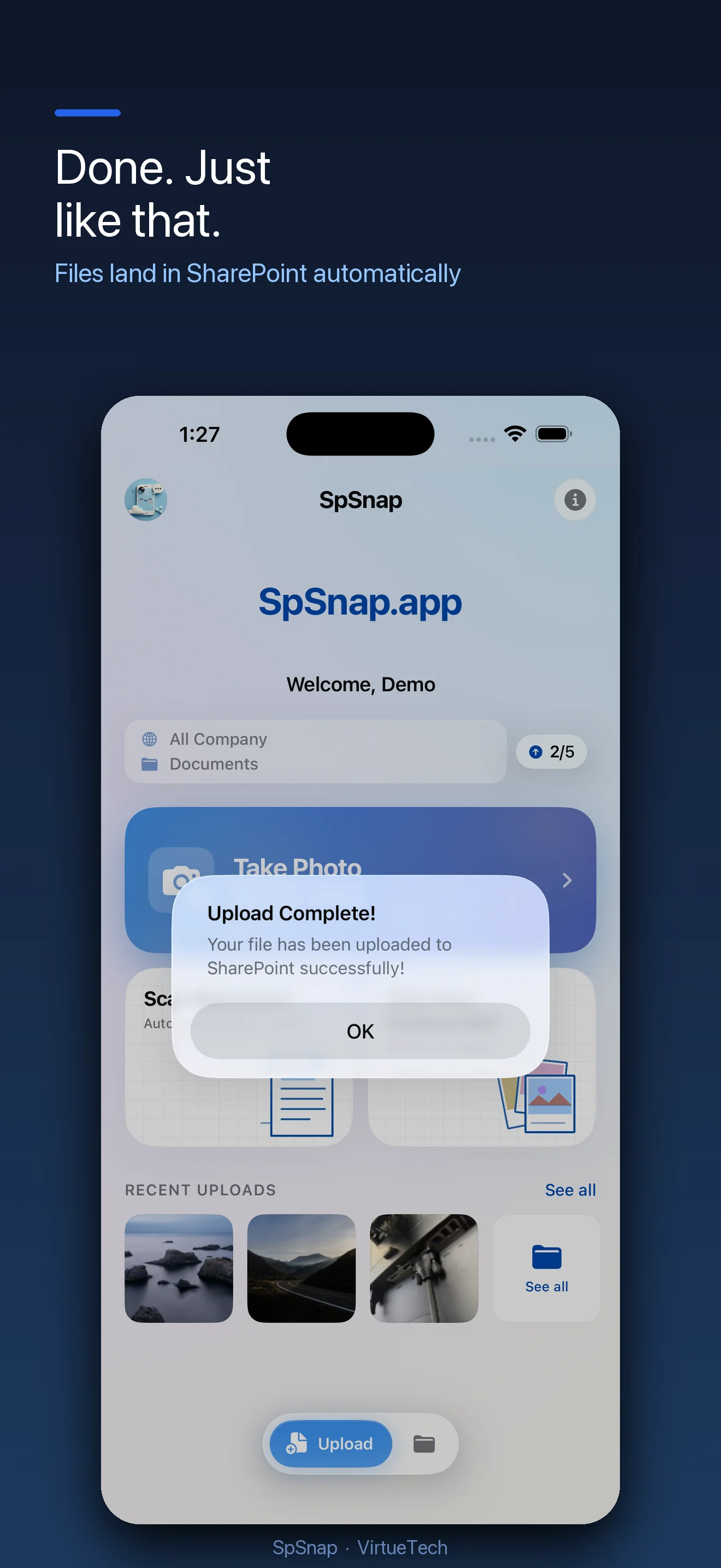 SpSnap upload success confirmation screen